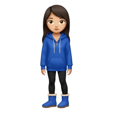 A pretty white/asian tanned girl with medium long strait dark brown almost black hair wearing a royal blue hoodie and black leggings pretty tan with Ugg slippers sticker