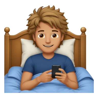 Man emoji lying in bed smiling and looking at his phone sticker