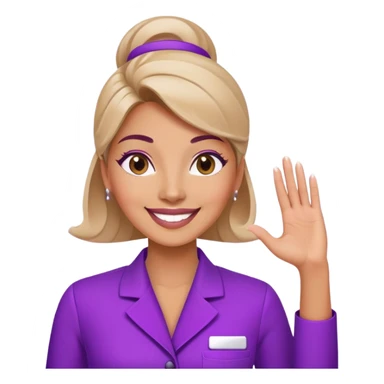 Woman cosmetologist in purple salon uniform with hand raised, smiling sticker