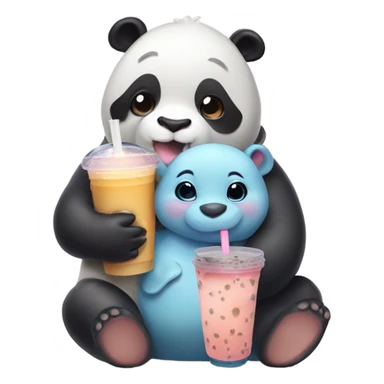 A panda hugging a baby hippo with bubble tea sticker