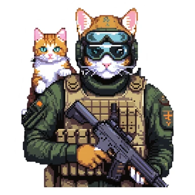 Simple pixel art of man with goggles in tactical gear holding gun and cat sticker