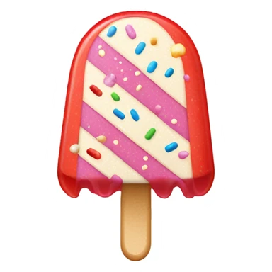 an ice lolly that's split into three sections, the top part is covered in sprinkles, the middle is white and the bottom near the stick is red sticker