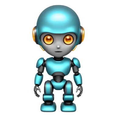 Cute futuristic chibi humanoid robot with large rounded head, glossy black and grey metal body, glowing cyan and amber eyes, visible joints, confident pose, white background, high-detail 3D render, add text on chest "LMX". sticker
