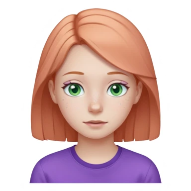 pale white teen girl with light blueish green eyes and freckles and purple shirt sticker