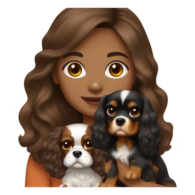 Light skin, dark brown long wavy hair girl, holding a cute cavalier King Charles spaniel dog with short ears wavy fur sticker