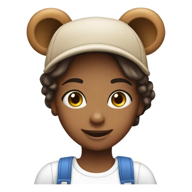 a smiling girl with blue eyes taking a photo on an iPhone, wearing a hat with teddy bear ears sticker