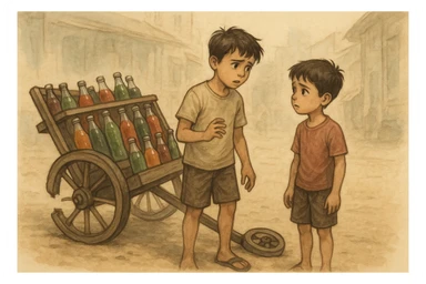 Bir g'ildiragi singan ichimliklar ortilgan arava uning yonida aka uka bir biriga havotirli nigoh bilan qarab turibdi  sticker