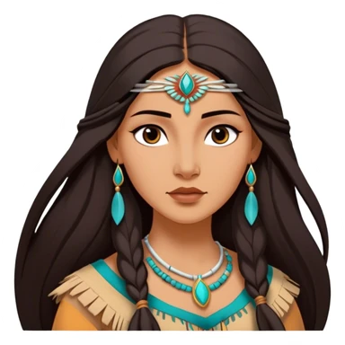 Cinematic Realistic Elegant Pocahontas Portrait, depicted with sun-kissed, warm skin rendered in lifelike detail and soft, natural lighting that accentuates its gentle glow. Her long, flowing dark hair is intricately detailed with natural movement, and her wise, expressive eyes shine with a deep, serene intensity. She is dressed in traditional attire with rich earthy tones and subtle turquoise accents, each fabric fold and texture rendered authentically. The portrait exudes a natural radiance that captures the timeless, indigenous beauty of Pocahontas with depth and authenticity. sticker