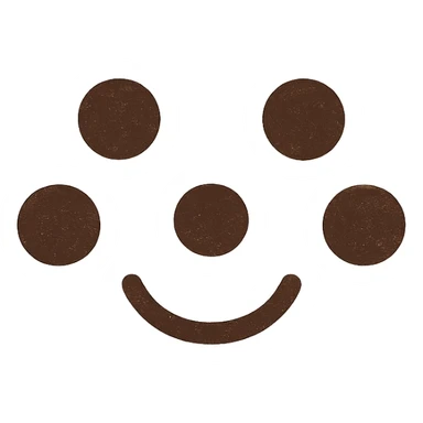 five dots in misen.com logo pattern, arrangement forms cute cartoon face, facial features integrated into dot layout, simple bold sticker