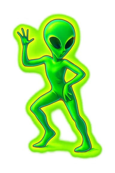 Edit the image of a dancing alien in neon green with a 3D effect and glowing background. Create a new pose. The image should be PNG with a transparent background, highlighting the 3D neon green glow and glowing background effect. sticker