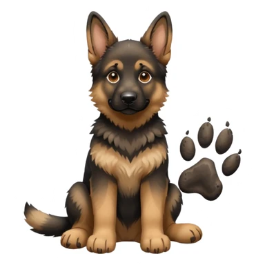 German Shepherd puppy sitting next to a large paw print sticker