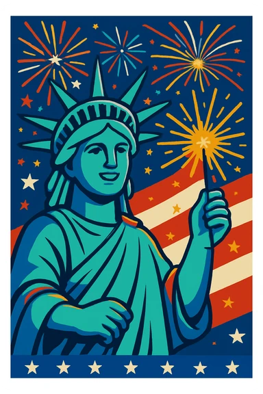 Add more fireworks behind the Statue of Liberty, keep the colorful 4th of July style with vibrant and bright fireworks illuminating the background behind the statue. sticker