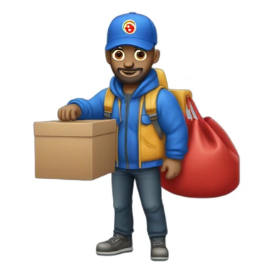pizza delivery guy, black hat, blue bomber jacket and red pizza bag, holding a smaller bag with his hand, with the bag shaped like pizza boxes, without hair and with a clean beard sticker