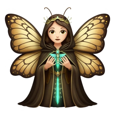 mystical woodland woman dressed as moth queen, velvet wing cloak, glowing dust sticker