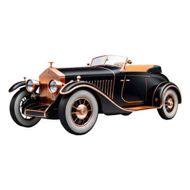Dark black Bare bones streamlined (stripped down) hot rodded inlaid rose gold and wood accentuated sporty 1932 Rolls Royce with futuristic electric spaceship plasma neon glowing motors and lightening dynamos with wide racing wheels that are held strong by advanced suspension and steering sticker