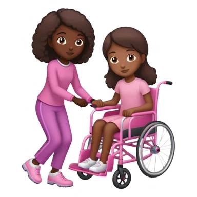 One dark skinned sister pushing her light brown sister in a pink wheelchair sticker