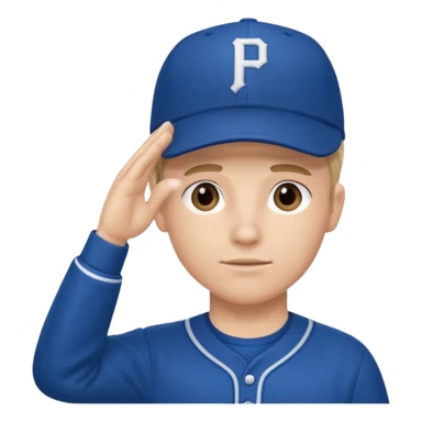 Baseball player, hand to head salute, hat with P, blue uniform sticker