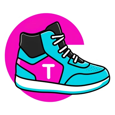 Minimalist sticker with white 'tt' letters on a black circle with cyan, magenta, and yellow dots below, sneaker with street style influence sticker