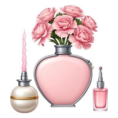 "An ornate Shell Pink perfume bottle with an atomizer, surrounded by Pearl Pink carnations. A string of pearls and a vintage mirror enhance the old Hollywood charm." sticker