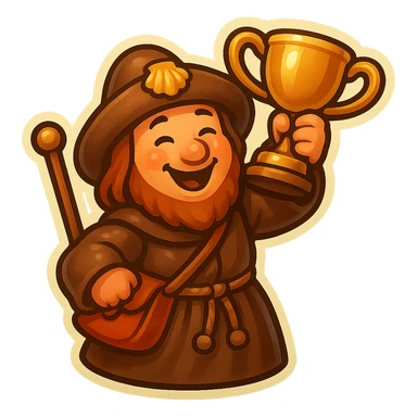 A small, funny medieval pilgrim raising a trophy cup in celebration, in retro stickers style, with a transparent background. sticker
