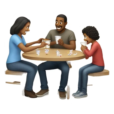 An emoji of a family—mother, father, and child—sitting at a table, playing a cup game with paper cups arranged on the table as they have fun together sticker