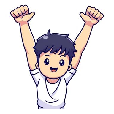 Black-haired male idol with arms up in the air, energetic performance pose, K-pop style sticker