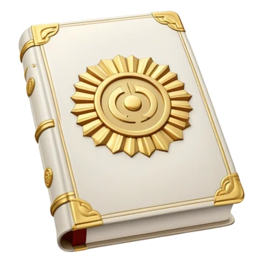 A white leather book with golden accents, smooth and polished, embossed with a symbol of six pillars,, radiating strength, confidence, and the power of self-worth.  sticker