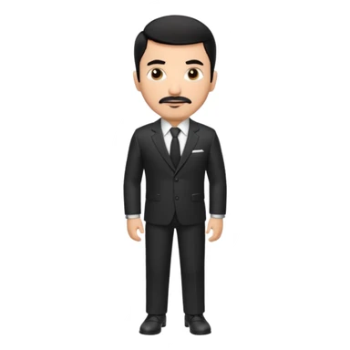 Roupa: terno preto moderno e bem ajustado, com camisa social branca sem gravata (para dar um ar mais contemporâneo), cinto de couro preto e relógio prateado. Tom de pele: médio quente
Cabelos: curtos e bem penteados PRETOS
Rosto: com bigode e cavanhaque leve, expressão firme e confiante. PRETOS sticker