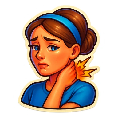 Modify the emoji to depict a female character holding her neck with one hand, clearly showing the location of neck pain. The character should have an expression of pain, medium-length brown hair tied in a low bun, and blue eyes. sticker