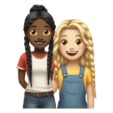 An emoji of a girl with very long blonde hair and a cheerful expression, standing next to a small girl with black hair styled in two braids, both smiling happily sticker