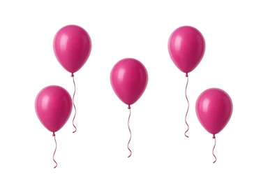 5 palloncini magenta fluttuano in aria isolati su sfondo bianco, iperrealistico 4k sticker