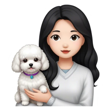 Asian girl with dark, long hair and a bichon sticker