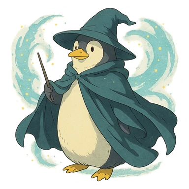 penguin wizard with a flowing cloak and magical aura sticker