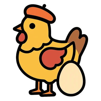 a chicken with a beret and an egg, colorful outlined icon style sticker