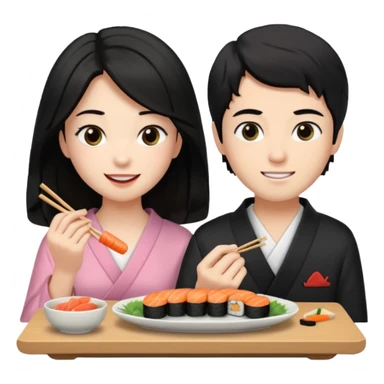 czarnowłosa ksieżniczka w dlugich wlosach je sushi z chłopakiem o czarno brązowych włosach i są zadowoleni i są nastolatkami i te włosy są lekko krecone i chłopak ma włosy do wysokosi nad brwiami sticker