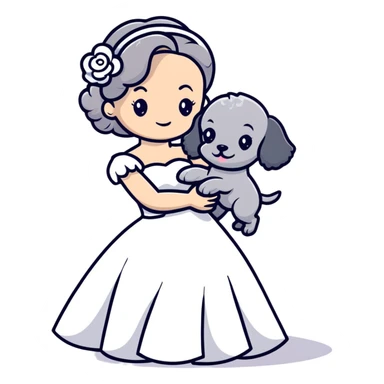 beautiful girl in a wedding dress hugging a small gray poodle sticker
