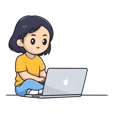 Asian girl with black hair sitting and watching a MacBook laptop sticker