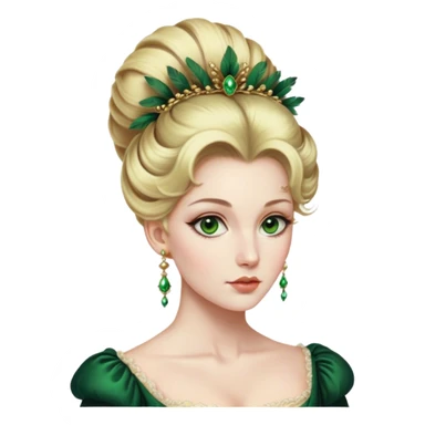 lady with Pale complexion, sharp features, high cheekbones, Blonde hair, green eyes, Regency-era elaborate updo, voluminous hairstyle, feathered ornaments sticker