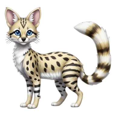 beautiful elegant spotted hype-realistic, black-maned, vibrant yellow Genet-Serval-Sergal-Margay-Fox-fusion-hybrid-furry-fursona, full body, with a long puffy fluffy black-and-white-striped tail, black long big ears, with natural blue eyes sticker
