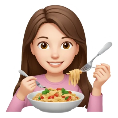 smiling white long brunette hair girl with hazel eyes in light pink with pasta sticker