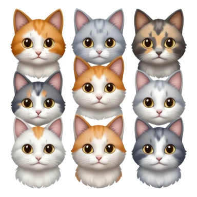 6 realistic looking cats with different natural coloured coats, assorted grey and white, greys, calico, brown and white colours etc
 sticker