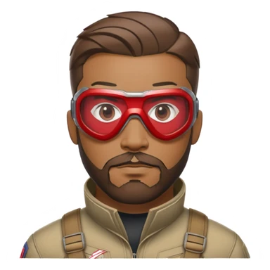 sam wilson with very short hair, close to the scalp and  a well-groomed beard that connects to his mustache,  wear sleek, red-tinted tactical goggles fit snugly from captain america: civil war sticker
