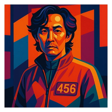 Squid Game Season 2 character, individual portrait, vibrant style, detailed face, unique outfit, dramatic lighting sticker