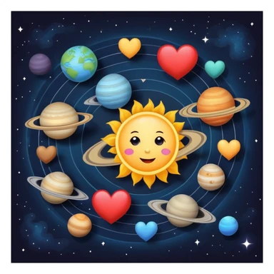 Solar system with heart-shaped planets orbiting a sun, colorful planets in the shape of hearts sticker