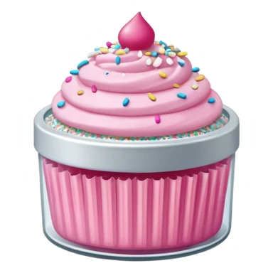 silver glitter in a small clear circular container with white lid, can of sprinkles, and pink cupcakes  sticker