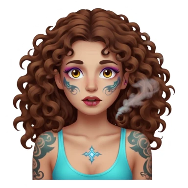 woman with long curly brown hair, brown eyes, white skin, tattoos, neon fog coming from her breath sticker