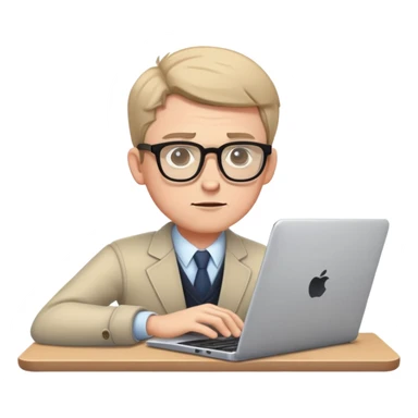 white male journalist typing on a laptop, wearing glasses, focused expression sticker