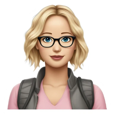 Jennifer Lawrence,  blu eyes wearing glasses and pink kiss sticker