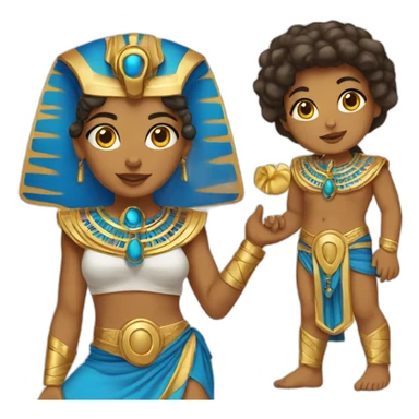 Egyptian female pharaon playing with a baby, tanned skin, golden blue costume sticker