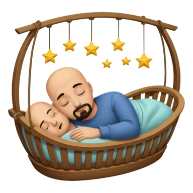 a bald, tan man who has a black goatee sleeping in a cradle sticker
